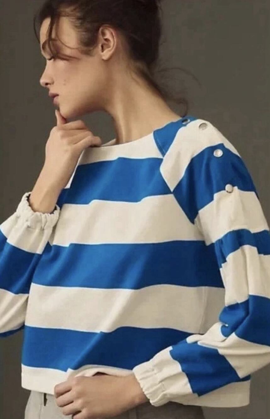 Maeve by Anthro French Terry Sweatshirt Blue White Stripes Silver Snaps Medium
